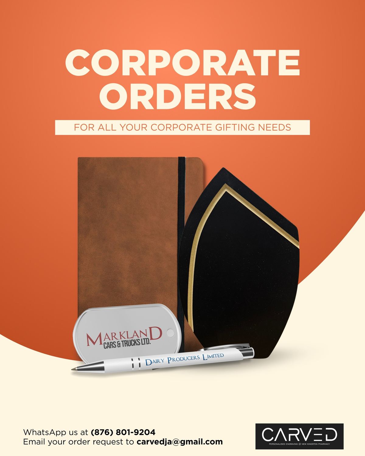 Assortment of engraved notebooks, keychains, pens, plaques and dog tags