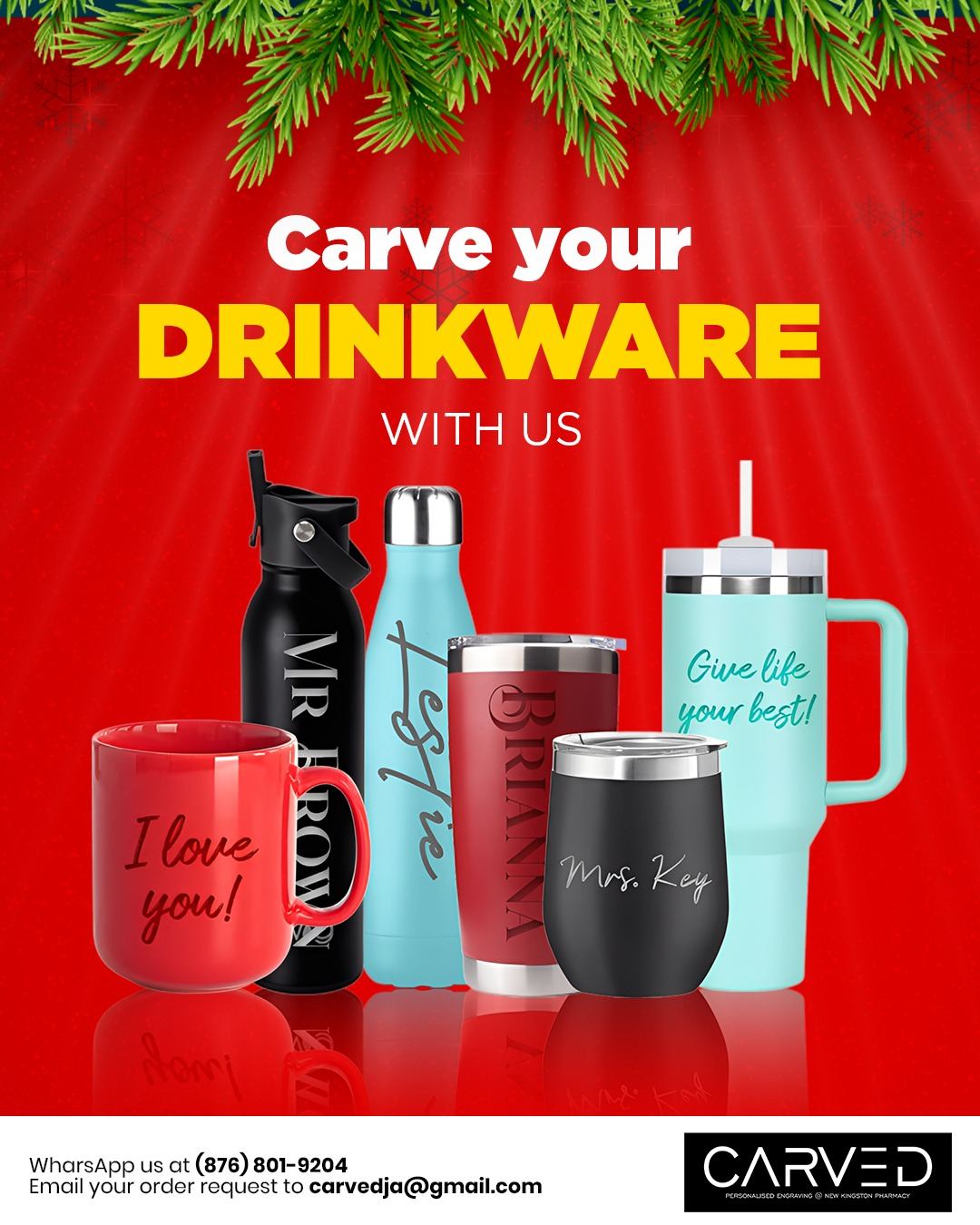 Personalized mugs, tumblers and glasses on display