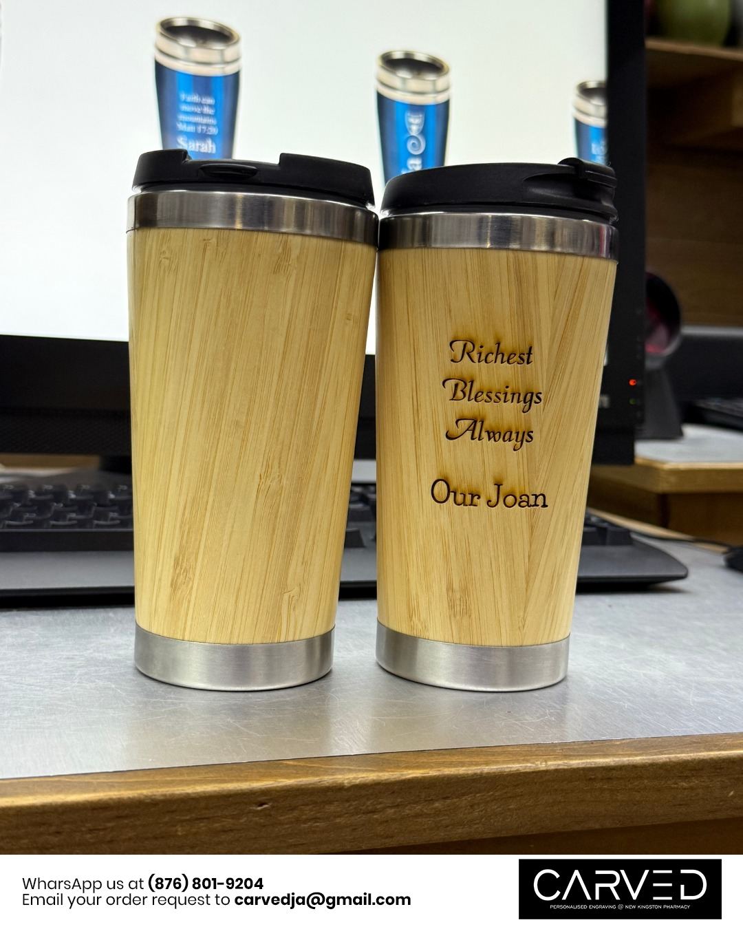 Engraved wooden tumbler with natural finish